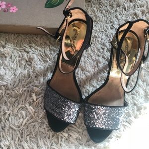 Strapped glitter open toe heels